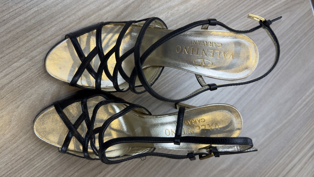 Valentino Garavani Cage Heels Black Gold Size 37.5 Strappy Leather Stiletto
